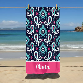 Marineblauw en Roze Ikat Paisley Naam Monogram Strandlaken