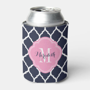 Marineblauw en Roze Marokkaans Quatrefoil Monogram Blikjeskoeler