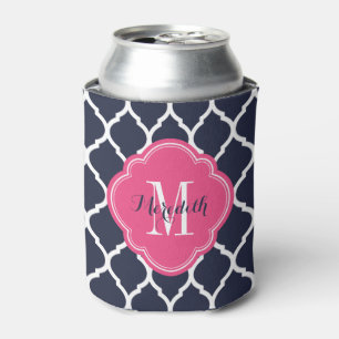 Marineblauw en Roze Marokkaans Quatrefoil Monogram Blikjeskoeler