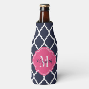 Marineblauw en Roze Marokkaans Quatrefoil Monogram Flesjeskoeler