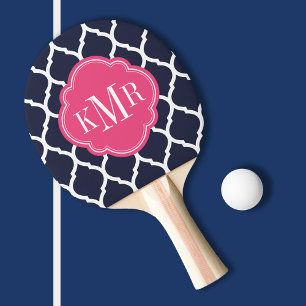 Marineblauw en Roze Marokkaans Quatrefoil Monogram Tafeltennisbatje