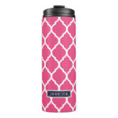 Marineblauw en Roze Marokkaans Quatrefoil Monogram Thermosbeker (Voorkant)