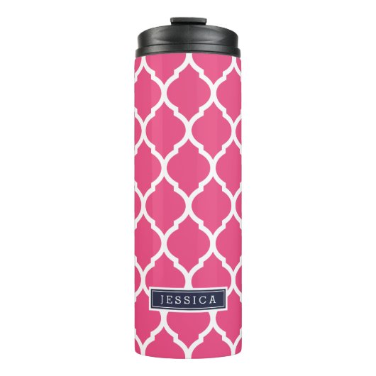 Marineblauw en Roze Marokkaans Quatrefoil Monogram Thermosbeker (Voorkant)