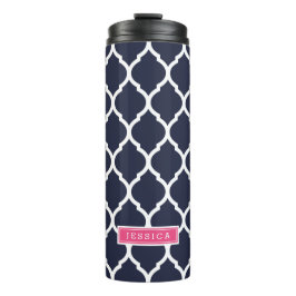 Marineblauw en Roze Marokkaans Quatrefoil Monogram Thermosbeker