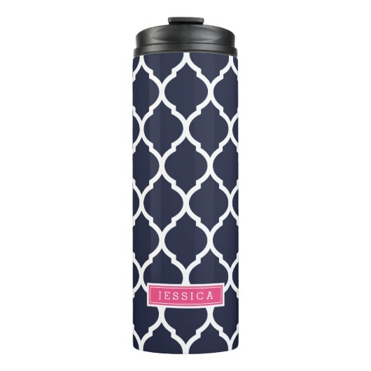 Marineblauw en Roze Marokkaans Quatrefoil Monogram Thermosbeker (Voorkant)