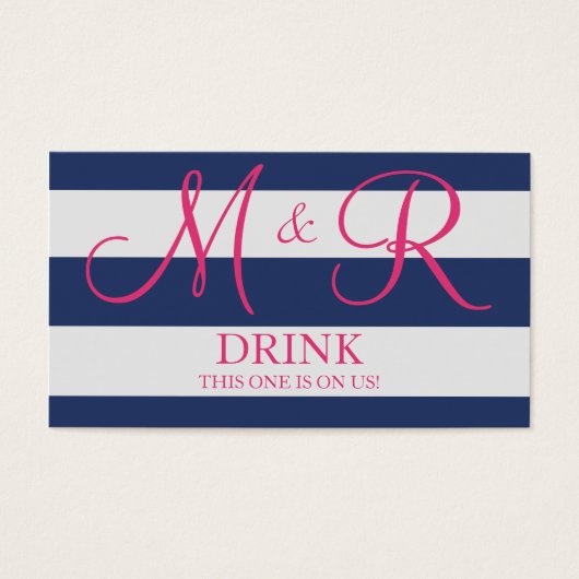 Marineblauw en Roze Monogram Bruiloft Drink Ticket Visitekaartjes (Voorkant)