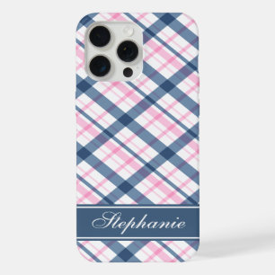 Marineblauw en roze ruitpatroon iPhone 15 pro max case
