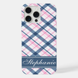 Marineblauw en roze ruitpatroon iPhone 15 pro max hoesje