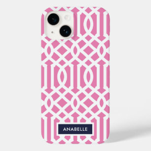 Marineblauw en Roze Traliewerk Monogram Case-Mate iPhone 14 Hoesje
