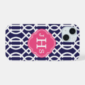 Marineblauw en Roze Traliewerk Monogram iPhone 15 Case (Achterkant horizontaal)