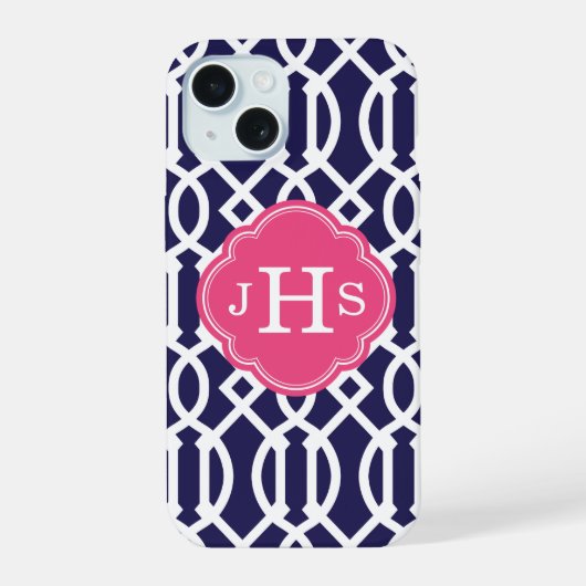 Marineblauw en Roze Traliewerk Monogram iPhone 15 Case (Achterkant)