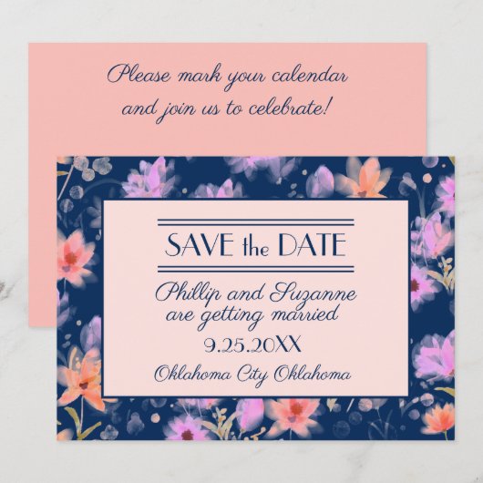 Marineblauw en roze vintage bloemen save the date  kaart (Voorkant / Achterkant)