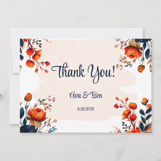 Marineblauw en Sinaasappel Bruiloft Dank u Kaarten (Voorkant)