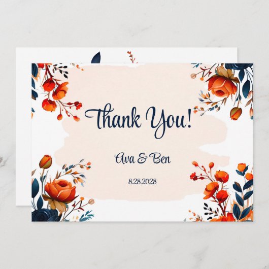 Marineblauw en Sinaasappel Bruiloft Dank u Kaarten (Voorkant / Achterkant)
