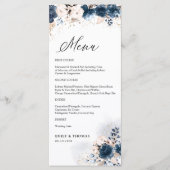 Marineblauw en stoffig Roos Bloemenbruiloft Menu (Voorkant)
