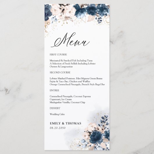 Marineblauw en stoffig Roos Bloemenbruiloft Menu (Voorkant)