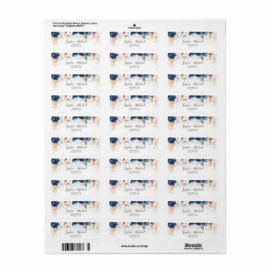 Marineblauw en stoffig Roos Bruiloft Retouradres Etiket (Full Sheet)