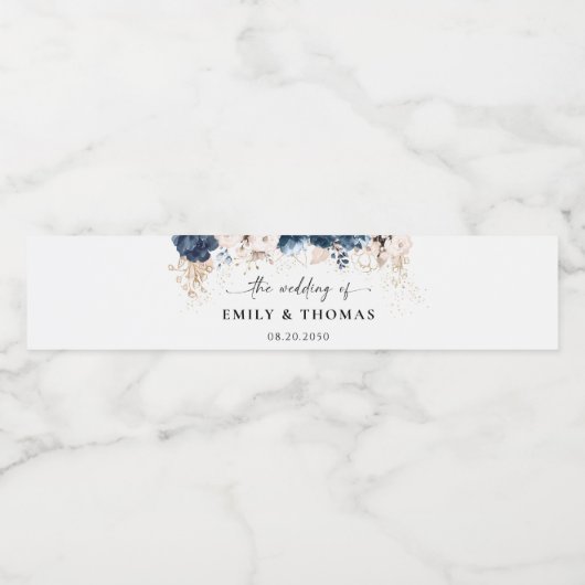 Marineblauw en stoffig Roos bruiloft Waterfles Etiket (Enkel label)