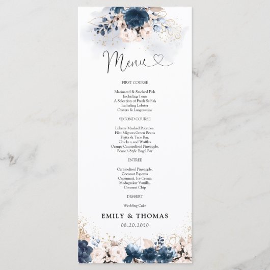 Marineblauw en stoffig Roos huwelijksceremonie Men Menu (Voorkant)