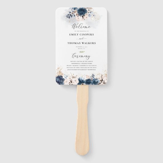 Marineblauw en stoffig Roos Trouwprogramma Hand Fa Handwaaier (Voorkant)
