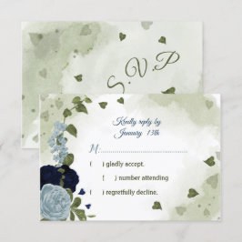 marineblauw en stoffige blauwe bloemen groen RSVP kaartje