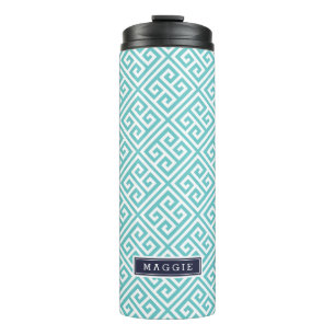 Marineblauw en turquoise Griekse sleutelmonogram Thermosbeker