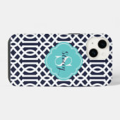 Marineblauw en Turquoise Modern Traliewerk Monogra iPhone Hoesje (Achterkant horizontaal)