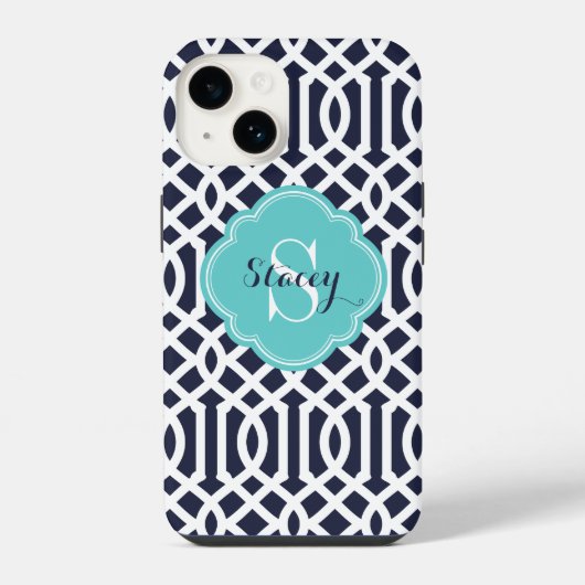 Marineblauw en Turquoise Modern Traliewerk Monogra iPhone Hoesje (Achterkant)