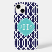 Marineblauw en Turquoise Modern Trellis Monogram Case-Mate iPhone Case (Achterkant)