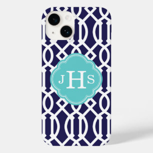 Marineblauw en Turquoise Modern Trellis Monogram Case-Mate iPhone Case