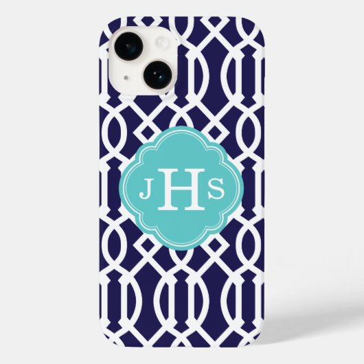 Marineblauw en Turquoise Modern Trellis Monogram Case-Mate iPhone Case (Achterkant)