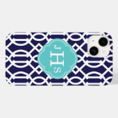 Marineblauw en Turquoise Modern Trellis Monogram Case-Mate iPhone Case (Achterkant (horizontaal))