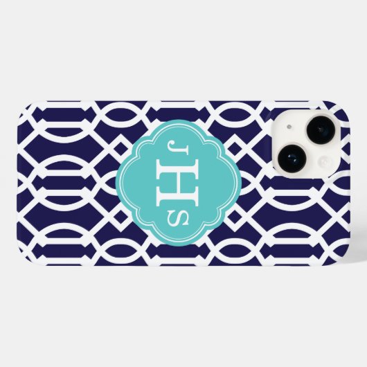 Marineblauw en Turquoise Modern Trellis Monogram Case-Mate iPhone Case (Achterkant (horizontaal))