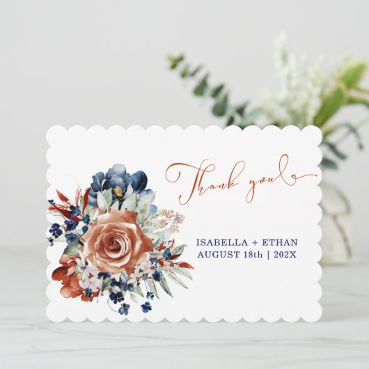 Marineblauw en verbrand Sinaasappel bruiloft bedan Kaart (Staand voorkant)