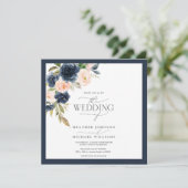 marineblauw en wazige roze Floral Waterverf Script Kaart (Staand voorkant)