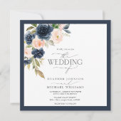 marineblauw en wazige roze Floral Waterverf Script Kaart (Voorkant)