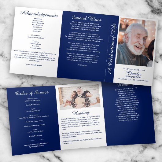 Marineblauw en Wit 6 pagina's Trifold rouwprogramm Drieluik Programma