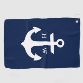 Marineblauw en Wit Anker Monogram Golfhanddoek (Horizontaal)