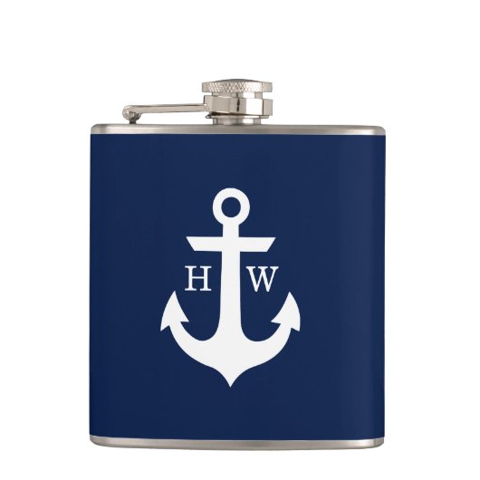 Marineblauw en Wit Anker Monogram Heupfles (Voorkant)