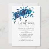 Marineblauw en wit aquarel bloem Bat Mitzvah Kaart (Voorkant)