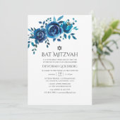 Marineblauw en wit aquarel bloem Bat Mitzvah Kaart (Staand voorkant)