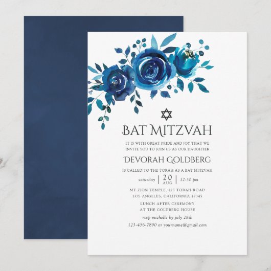 Marineblauw en wit aquarel bloem Bat Mitzvah Kaart (Voorkant / Achterkant)