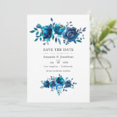 Marineblauw en wit aquarel bloem fotoblad voor het save the date (Staand voorkant)