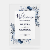 Marineblauw en wit Bloemen Bruiloft Welkomstbord Acryl Bord (Voorkant)