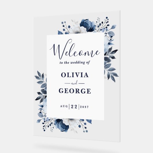 Marineblauw en wit Bloemen Bruiloft Welkomstbord Acryl Bord (Hoek)