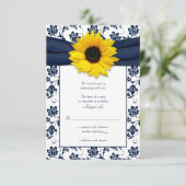 Marineblauw en wit bloemen damast huwelijksreactie RSVP kaartje (Staand voorkant)