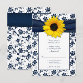 Marineblauw en wit bloemen damast huwelijksreactie RSVP kaartje (Voorkant / Achterkant)