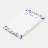Marineblauw en wit bloemenkant 3 post-it® notes (Schuin)