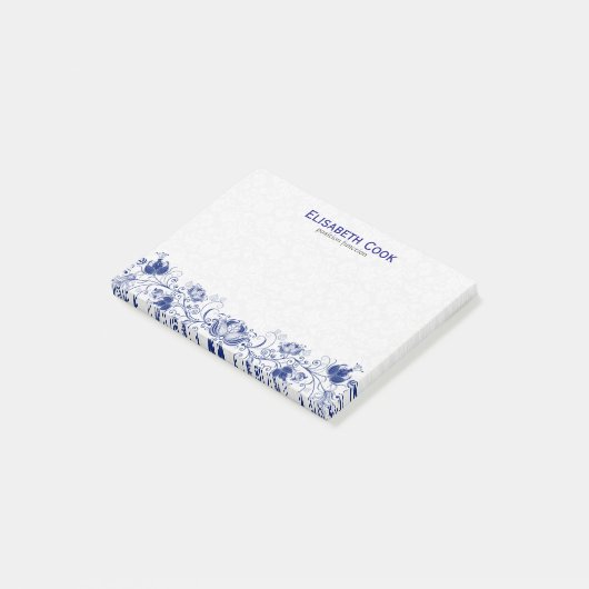 Marineblauw en wit  bloemenkant post-it® notes (Schuin)