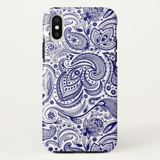 Marineblauw en wit  bloemmotief paisley Case-Mate iPhone case (Achterkant)